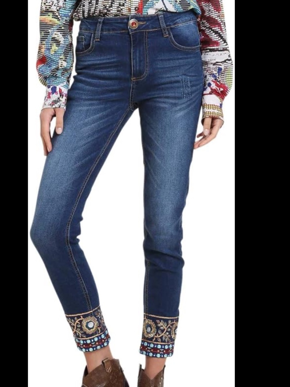 Desigual Exotic Jeans Womens 10 Blue Embroidered Sequin Cuff Ankle Boho Stretch
